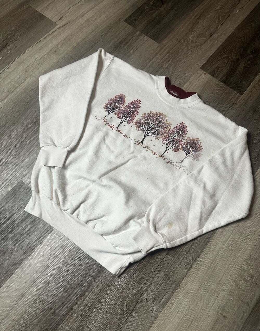 Vintage Morning Sun Autumn Trees Falling Leaves Double Collar Crewneck Sweatshir